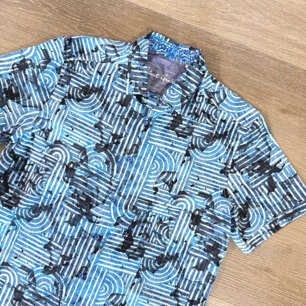 Robert Graham Button Down Shirt Mens Medium Blue Abstract Geometric Short Sleeve